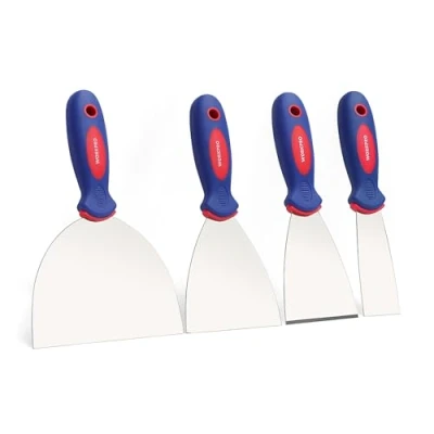 Image of WORKPRO Wallpaper Scrapers 4 Piece, Stainless Steel Paint Scraper, Wall Scraper Set with Soft Handle, for Drywall Finishing, Plaster Scraping, Wallpaper, 38/76/100/150mm