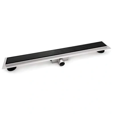 Image of Elbe Linear Floor Shower Drain trough Stainless Steel Bathroom Invisible Rectangular cover, Style Black Glass, Length 60cm / 23.62in RN K060G