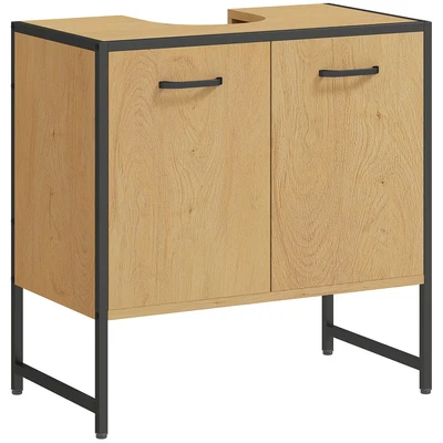 Image of HOMCOM Under Sink Bathroom Cabinet, Freestanding Cabinet with Soft Close Doors and Adjustable Shelf for Basin without or Pedestal, Natural Wood Effect