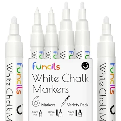 Image of Funcils White Chalk Pens for Blackboards, Window, Glass, Board, Car &amp; Chalkboard Variety Pack of 6 (2x) 1mm Extra Fine, 3mm Fine 6mm Bold Tip Wipeable Dry Erase Liquid Markers