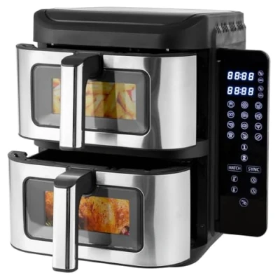 Image of Vencier 11L Dual Basket Stack Air Fryer Cyclone Fan, 2x5.5L Baskets, Slim Vertical, Foldable Touchscreen, 10 Pre Sets, Cook &amp; Sync, Black/SS