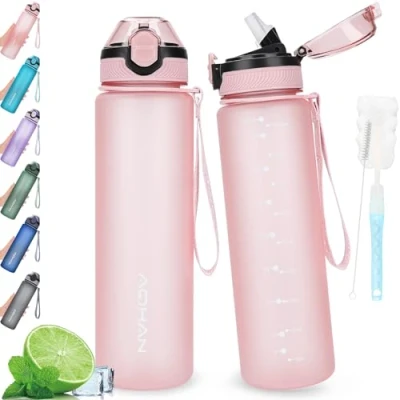Image of AOHAN Water Bottle 1L with Leak Proof Flip Top Lid, BPA Free Sport Drinking Straw, Dishwasher Safe Non Toxic Jug Carrying Strap