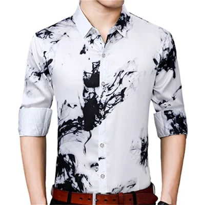 Image of Long Sleeve Men Social Shirt Streetwear Casual Splash Ink Shirts Dress Mens Slim Regular Fit Clothes Fashions white XXXL
