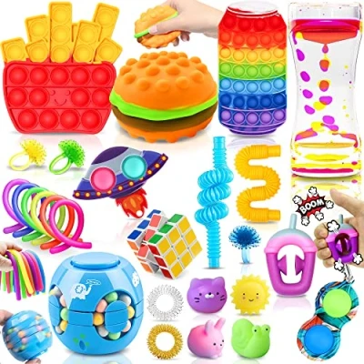 Image of Paochocky Fidget Toy Set, 26PCS With Box Pack, Sensory Anxiety Relief Stress Toys for Autism, in Rainbow, Fries Burger Relaxing Entertainment Birthday Gift Kids Adults