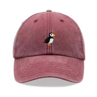 Image of Puffin Baseball Cap Vintage Washed Unisex Dad Hat Adjustable Red
