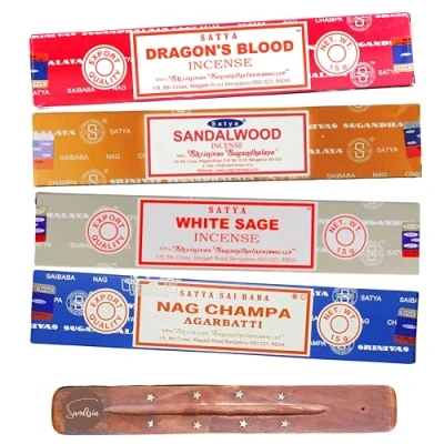 Image of Satya Nag Champa incense Sticks 4 unique and premium flavours Dragons Blood, Sandalwood, White Sage Agarbatti comes with SAMASIA holder
