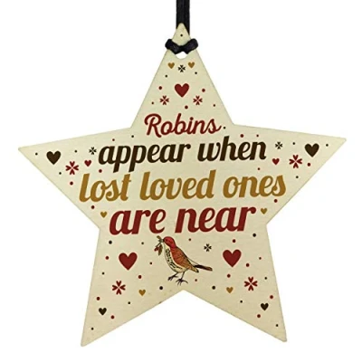 Image of RED OCEAN Robins Appear When Lost Loved Ones Are Near Wooden Star Memorial Christmas Bauble Remembrance Plaque