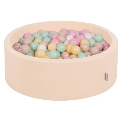 Image of KiddyMoon Soft Ball Pit Round 90X30cm/300 Balls ∅ 7Cm/2.75In For Kids, Foam Pool Baby Playballs, Beige: Pastel Beige/Pastel Yellow/White/Mint/Powder Pink