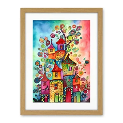 Image of Artery8 Country Houses Concept Folk Art Watercolour Painting Artwork Framed Wall Print 18X24 Inch