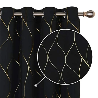 Image of Deconovo Eyelet Curtains, Blackout Gold Wave Foil Printed Thermal Insulated Curtains for Living Room, 46 x 90 Inch (Width Length), Black, One Pair