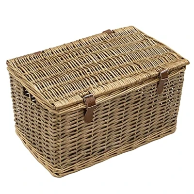 Image of JVL Handmade Buff Wicker Hampers with Faux Leather Straps, Medium, Brown