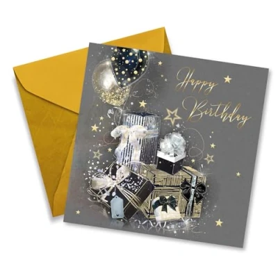 Image of Cherry Orchard Happy Birthday Card with Present Design Gold Foil Detail and envelope from the Grayson Range