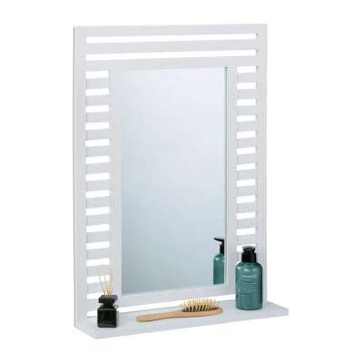 Image of Relaxdays Bathroom Mirror, with Shelf, Wall Mounted, Walnut Wood Frame, HxWxD: 70x50x12 cm, for Toilet &amp; Hallway, White, Glass