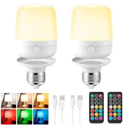 Image of E27 Battery Light Bulb With Remote Control, Magnetic USB Rechargeable Switch, LED Dimmable Cordless Bulbs For Lamp, Rgb Colour Changing Bulb, 400lm, Timer, 2600mah,2 PACK