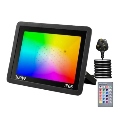 Image of Phlbao 100W LED Floodlight Outdoor, 220V Colour Changing Flood Lights with Remote Control, 12 RGB Colours, Timing, 4 Modes, IP66 Waterproof