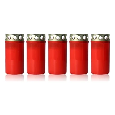 Image of grave Light Burner No. 3 with gold lid red, long life burner, 5 piece set, candles, day burner.