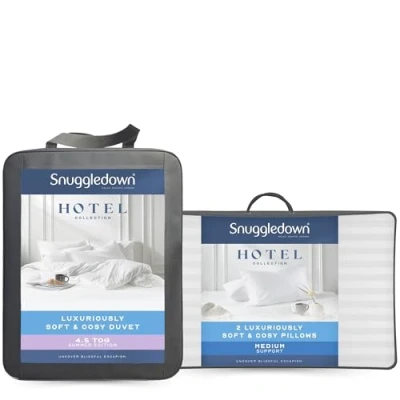 Image of Snuggledown Luxurious Hotel Single Duvet 4.5 Tog Premium Lightweight Summer Quilt for Night Sweats, 2 Medium Pillows Soft Touch Cover, Hypoallergenic, Machine Washable, Size (135cm x 200cm)