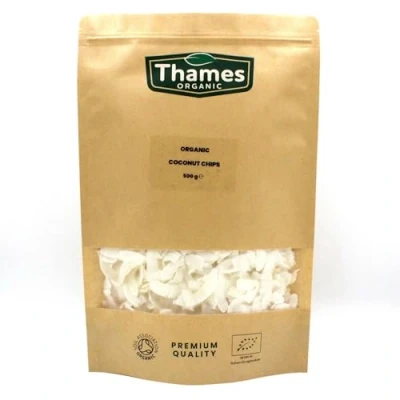 Image of Organic Coconut Chips Unsweetened, High Fibre, Raw, Vegan, GMO Free, Certified No Additives or Preservatives Nutritious and Delicious, Perfect Snack Thames 500g