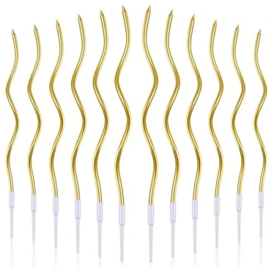 Image of Pack of 12 Long Spiral Gold Party Candles with Candle Holders, Birthday Candles, Decoratinos Anniversary