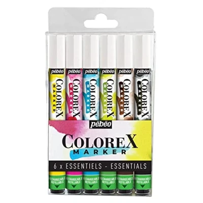 Image of Pebeo Set of 6 Colorex Watercolour Colours Ink Smooth Finish Multi Tool Drawing All Media Marker Primary Yellow, Magenta, Cyan, Spring Green, Sepia, Ivory Black, Détails en Description, Non Applicable