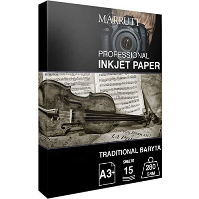 Image of Marrutt 280gsm Traditional Baryta Hi White Semi Gloss Inkjet Photo Paper: A3+ 15 Sheets
