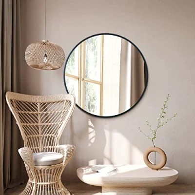 Image of MirrorOutlet The Fenestra Black edged Modern Round Circular Wall Mirror 35&quot; X (90CM 90CM) Silver Glass with Metal Frame