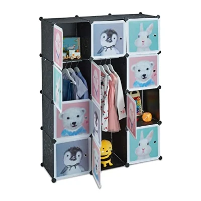 Image of Relaxdays Plug in Shelving Unit for Children, 8 Compartments, Doors with Animals, HWD: 145x109x37 cm, DIY Storage, Black