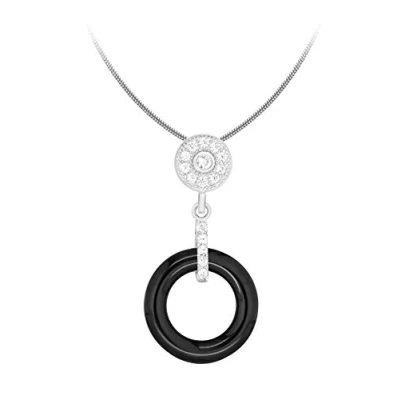 Image of Tuscany Silver Women&#039;s Sterling Rhodium Plated Cubic Zirconia Black Ceramic 12 x 23 mm Cluster Pendant on Adjustable Snake Chain Necklace of Length 41 cm/16 Inch 46 cm/18