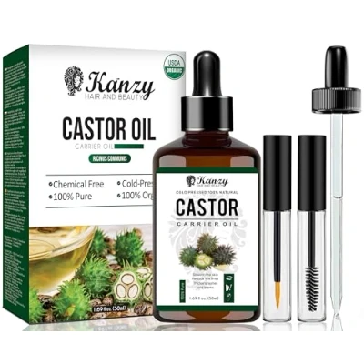 Image of Kanzy Organic Castor Oil For Eyelashes and Eyebrows 50ml Cold Pressed Hair Growth 100% Natural Pure with Brushes Hair, Beard, Nails Skin