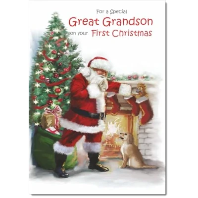 Image of doodlecards Great Grandsons 1st First Christmas Card Santa by Tree Medium Size for with Plain Envelope
