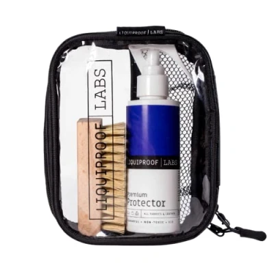 Image of Liquiproof LABS Protector Kit 125ml with vegetable fibre brush and travel bag. for leather, suede, nubuck, canvas more. Use on shoes, boots, trainers, sneakers fashion items