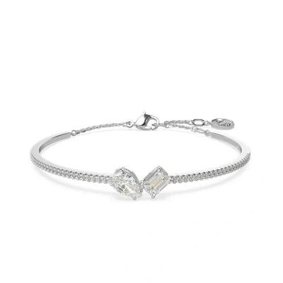 Image of Swarovski Mesmera Moi et Toi Bangle Bracelet, Rectagular Cut and Pear Drop Crystals with White Pavé Stones in a Rhodium Plated Setting, from the Collection