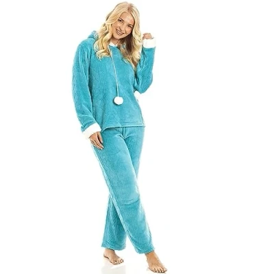 Image of Camille Women&#039;s 2 Piece Super Soft Pyjama Set Thick Luxury Fleece Full Length PJ Long Sleeved with Elasticated Waist &amp; Sherpa Lined Hood Light Blue 14 16