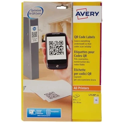 Image of Avery Printer, Customisable Square Product/QR Code Labels, White, 35mm, 35 Labels per Blank A4 Sheet, L7120 25