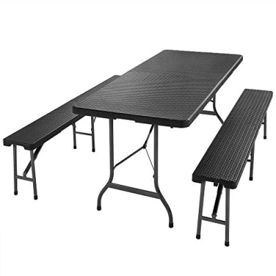Image of CASARIA® Malmö 3Pc Garden Trestle Table &amp; Bench Set 180cm Foldable Outdoor Furniture Plastic Top w/Steel Frame Polyrattan Finish Picnics BBQ Parties Portable Lightweight Black