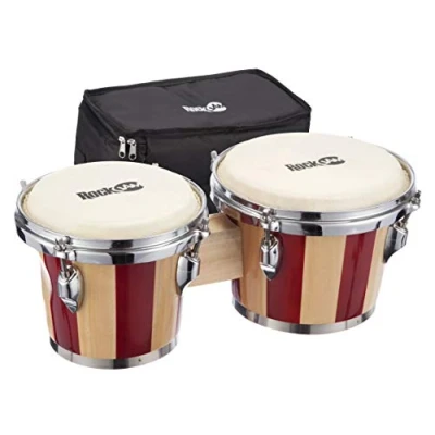 Image of RockJam RJ 100301 7&quot; and 8&quot; Bongo Set with Padded Bag Tuning Wrench Red Natural Stripe