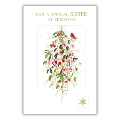Image of Nigel Quiney Special Sister Christmas Card Watercolour Robin and Berry Bouquet Embossed with Foil Details Eco Friendly Recyclable