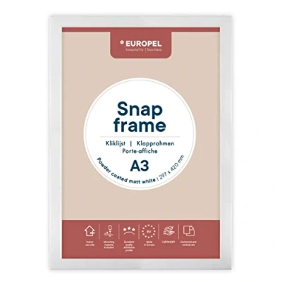 Image of EUROPEL lightweight Snap frame A3, matt white powder coated finish, Profile 25x11 mm, Anodized aluminum, anti reflective protector, External dimensions 328x451 Grey polystyrene back