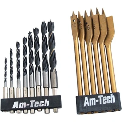 Image of S9Q14 14pc HEX Shank Wood Drill Set 6pc Titanium BITS &amp; 8pc Carbon Steel