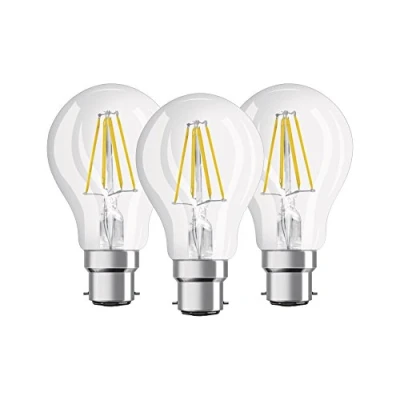 Image of OSRAM LED base Classic A / lamp in bulb shape with B22d not dimmable for 60 Watt filament style clear warm white 2700 Kelvin pack of 3