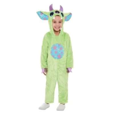 Image of Smiffys Toddler Monster Costume, Green All In One &amp; Hood, Halloween Child Fancy Dress, Alien Dress Up Costumes