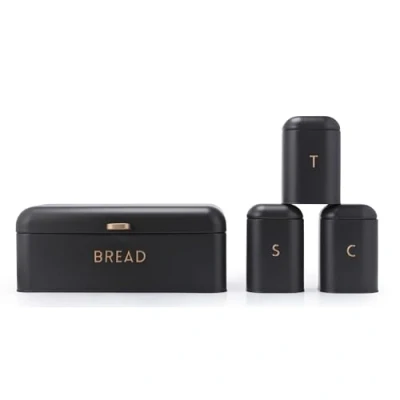 Image of Salter Pebble 4 Piece Countertop Set Bread Bin, Tea, Sugar, Coffee Canisters, Storage Containers, Durable Powder Coated Steel, Easy Clean, Jars, Kitchen Countertop, Charcoal/Brass BW13731EU7