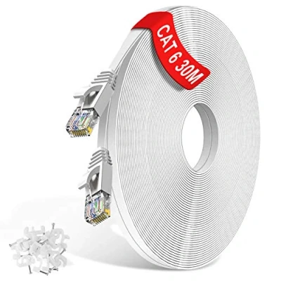 Image of TBMax Long Ethernet Cable 30m 100ft Cat6 Flat Lan RJ45 High Speed 1000 Mbit/s Network Cable, UTP Internet Patch Compatible with Cat5/Cat6a/Cat7 for Switch/Router/Modem, White