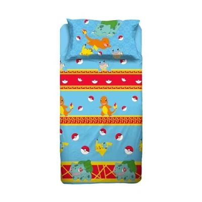 Image of Pokemon Single Bed Sheet Set, Bedroom, Complete Bed, Top Sheet, Fitted Pillowcase, 100% Cotton, Official Product