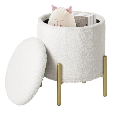 Image of eSituro Round Foot Stool, Pouffe Footstool Folding Ottoman Storage Box for Living Room, Dressing Table Stool with Golden Metal Legs, Removable Lid, in Teddy Fleece, φ35xH41cm, White