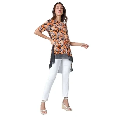 Image of Roman Womens Tropical Print Chiffon Hem Stretch Top Orange Size 10 UK