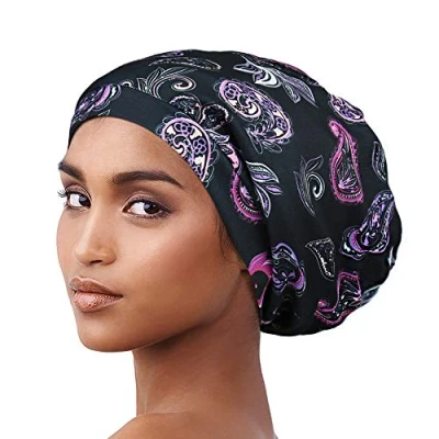 Image of Alnorm Printed Slouch Chemo Beanie Cap Hat for Cancer Patients Unisex Purple Black