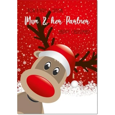 Image of doodlecards Mum and Partner Christmas Card Rudolph in Snow Medium Size for &amp; with Plain Envelope