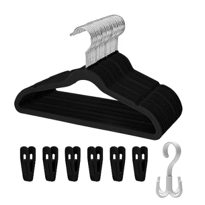 Image of Tinfol 30 Pack Kids Velvet Hangers, Black 13.7&quot; Non Slip Clothes Hangers with 6 Hanger Clips and a Hook, Space Saving Ultra Thin Cute Toddler for Children&#039;s Shirt, Dress, Pants