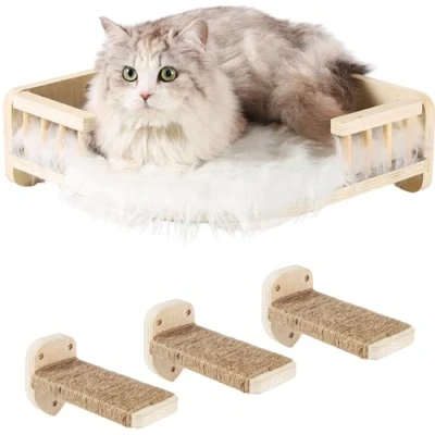 Image of COOLEX Cat Wall Shelves, Shelves and Perches for Wall, Furniture, Corner Shelf with 3 Steps Scratch Post, Bed Hammock Plush Covered, Climbing Indoor Cats (Wood)